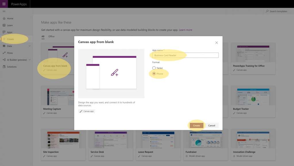 Dynamics 365 Generating Leads Business Card Reader PowerApps 1 Create PowerApp