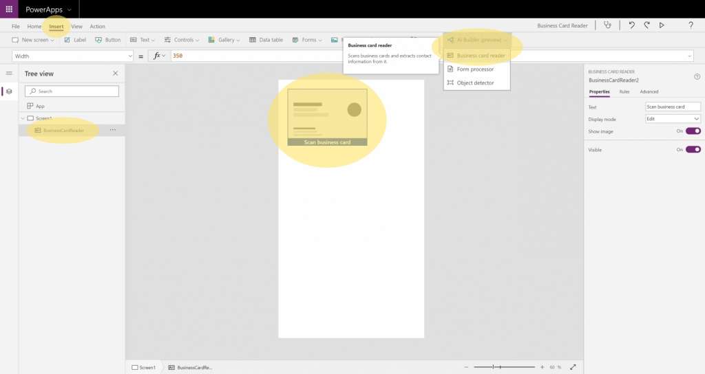 Dynamics 365 Generating Leads Business Card Reader PowerApps 2 Insert AI Module