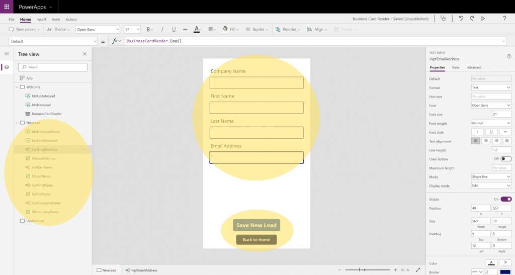 Dynamics 365 Generating Leads Business Card Reader PowerApps 4 Create Text Inputs Labels