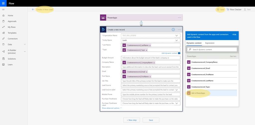 Dynamics 365 Generating Leads Business Card Reader PowerApps 7 Ask Parameters Flow PowerApps