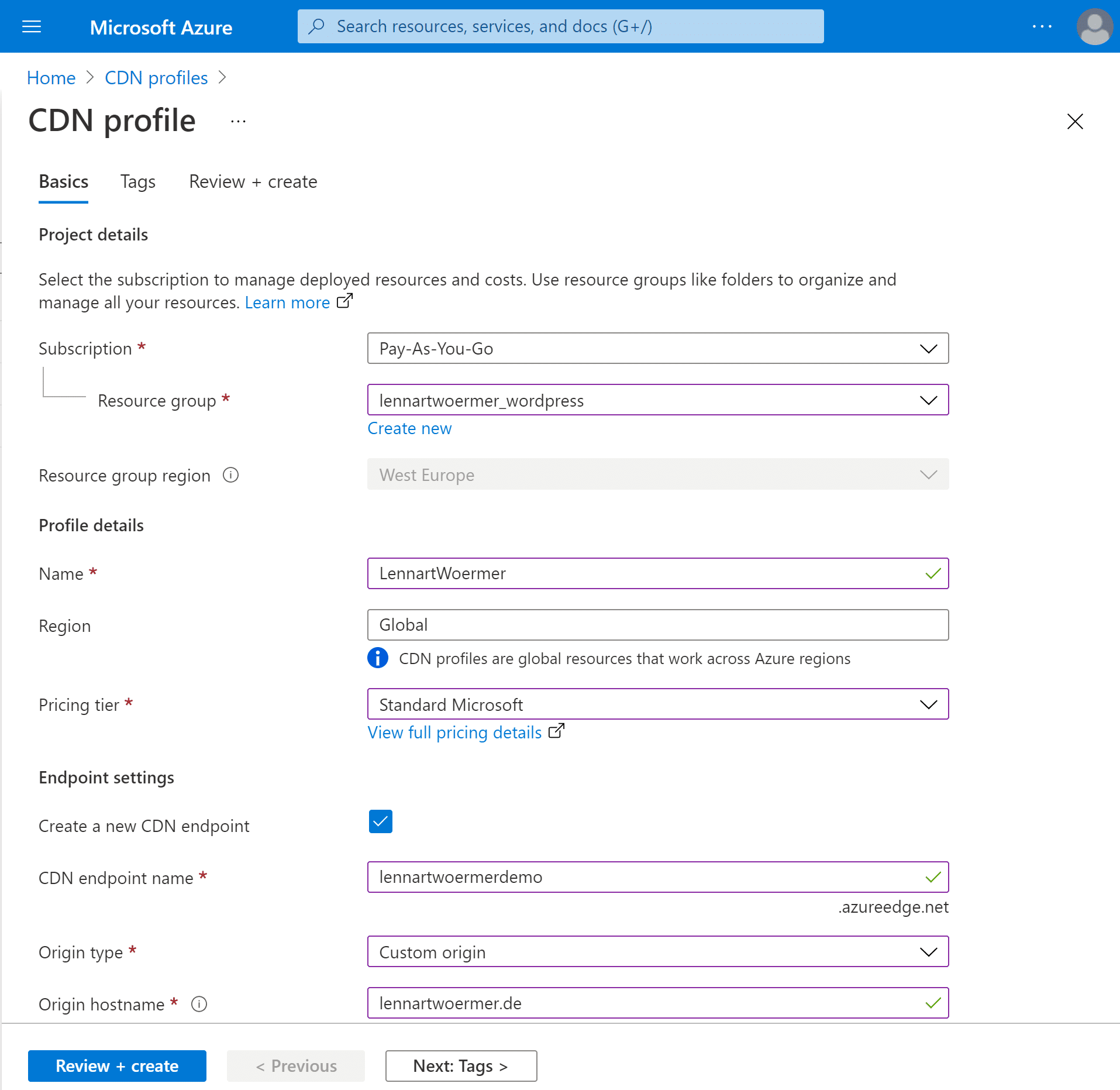 Azure CDN WordPress Configuration Azure Create CDN Profile Endpoint